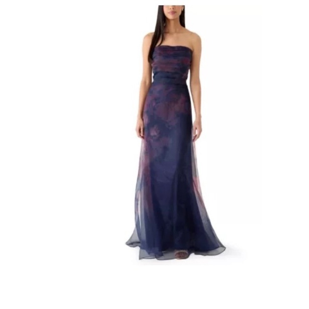 Aidan Mattox Navy Plum Watercolor Floral Strapless Organza Gown Formal Dress